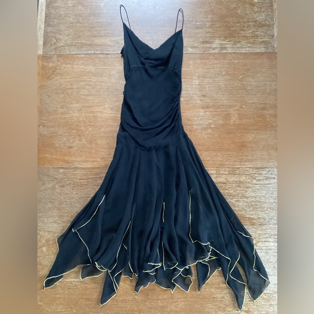 Diane Von Furstenberg Black Asymmetrical Handkerchief Slip Dress with Gold Trim